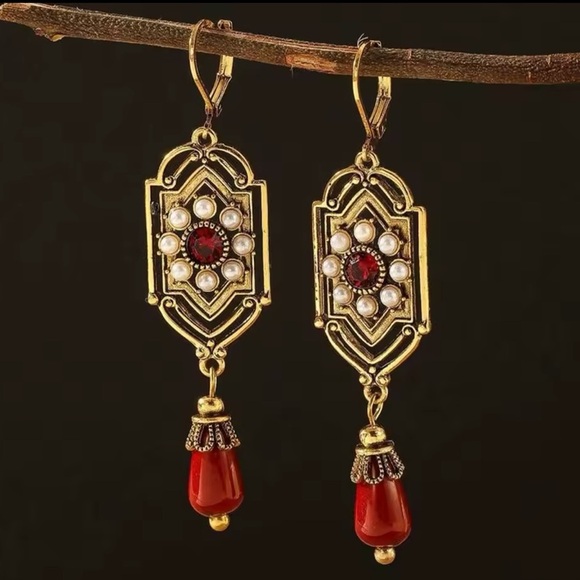 Marquis Ethnic Ruby Vintage Bronze Brushed Earrings - Picture 1 of 10